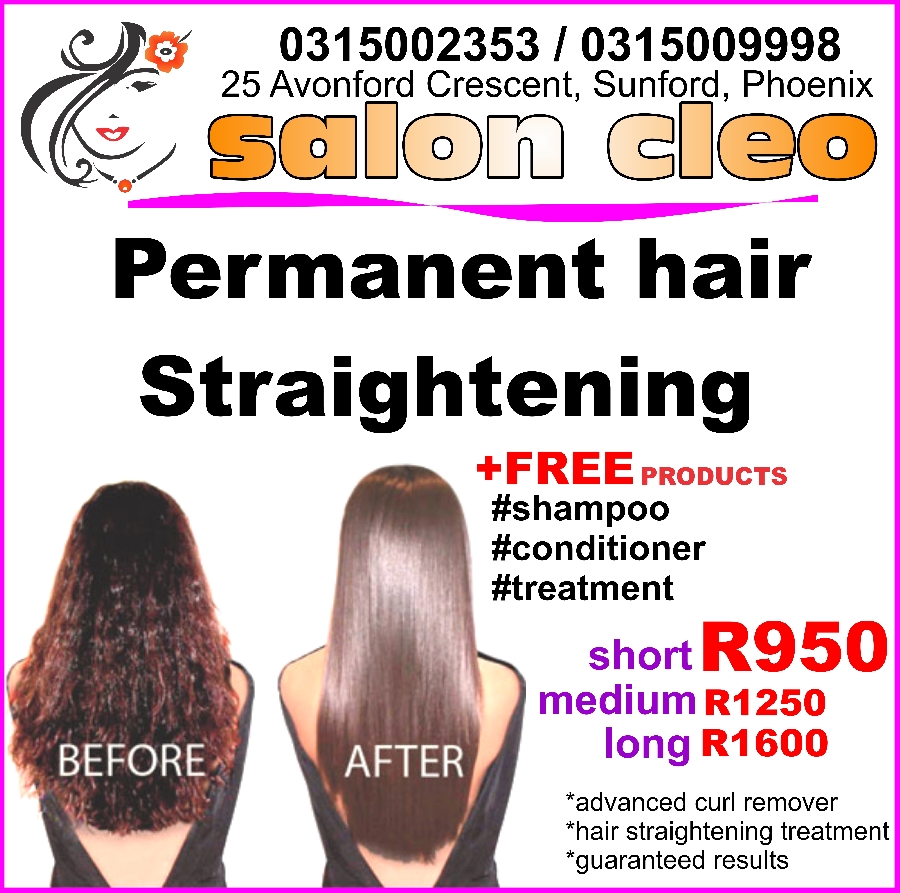 permanent hair straigtening guaranteed at salon cleo durban phoenix 0315002353